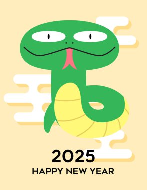 Yılan 2025 'in Çin yeni yılı kutlu olsun komik çizgi film vektör kartı. Dilini çıkaran sevimli zodyak yılanı. Ay yeni yılı 2025 kutlama kartı.