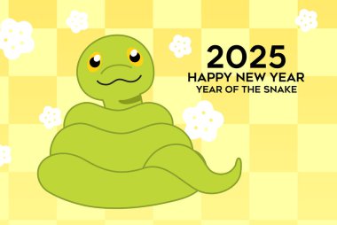 Yeni yıl tebrik kartı güzelmiş. 2025 yılının Çin yılbaşı yılanı. Yeni yılın kutlu olsun. Erik çiçekleri desenli vektör çizimleri..