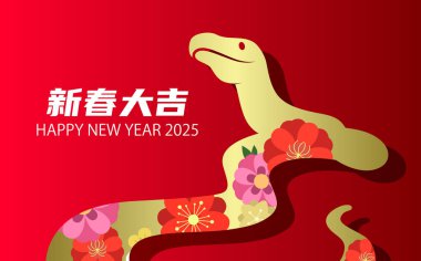 Çin zodyak yılanı yeni yıl kartı 2025. Çiçek desenli kağıt kesim tarzı yılan silueti. Yeni ay tebrik kartı..