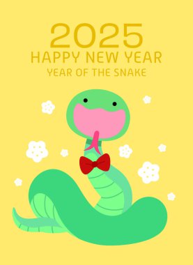 Yılan kartının komik Çince yeni yılı. Ay yeni yılı 2025. Erik çiçeği desenli tebrik kartı..