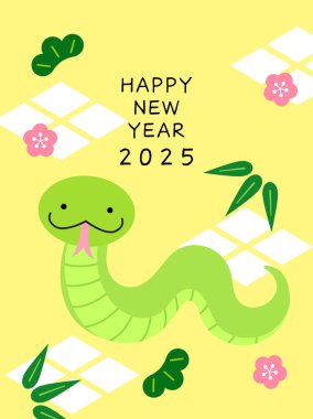 Yeni yıl 2025. Çam, bambu ve erik çiçekli sevimli yılan. Kış bitkilerinin üç arkadaşı. Çin 'de yeni yıl yılan şirin çizgi film kartı..