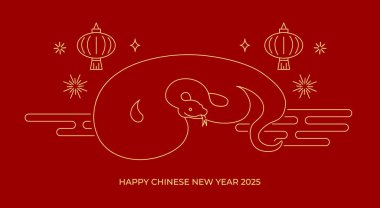 Chinese zodiac snake with lanterns line art greeting card. Happy chinese new year of the snake 2025 line drawing. clipart