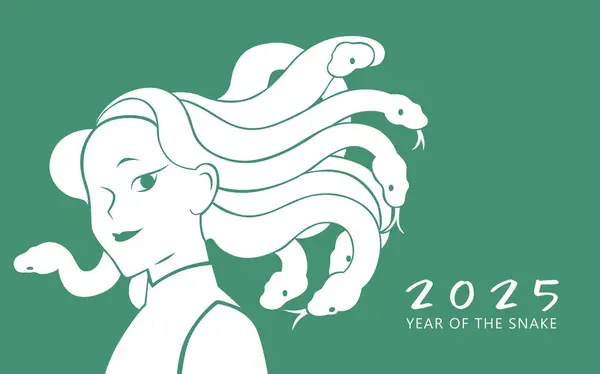 stock vector Medusa woman with snakes hair new year card. Beautiful woman with snakes hair portrait for chinese new year of the snake 2025. Lunar new year 2025 greeting card.