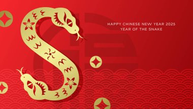 Yılanın altın ve kırmızı arka planının olduğu Çin yılı doğu dekoratif elementleriyle.