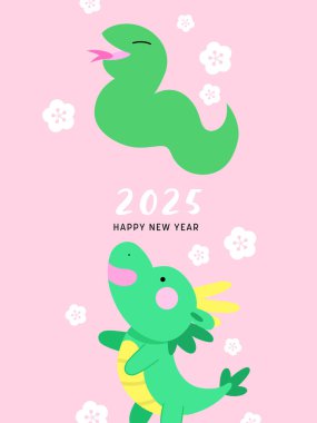  Tatlı zodyak yılanı ve ejderha yeni yıl 2025 vektör illüstrasyonu.