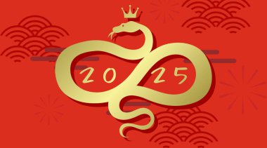 Kırmızı zemin üzerinde altın zodyak yılanı yeni yıl 2025 kartı. 