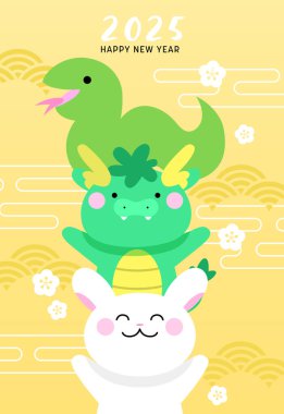Zodiac tavşan ejderhası ve yeni yıl 2025 yılan vektör çizimi. Çin yeni yılı ya da ay yeni yılı tebrik kartı.