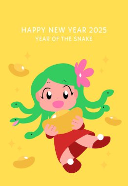 Çin yeni yıl vekil kartı, elinde altın bir sicee tutmakta olan tatlı bir kız. Yılan yılı medusa kız vektör çizimi.