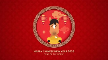 Zodyak karikatür atı ve altın sicee ingot cny animasyon. Yeni yılın kutlu olsun at 2026 kutlama klibi..