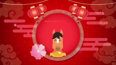 Kırmızı oryantal arka planda altın bir sicee tutan şirin bir zodyak çizgi film atı. 2026 yılının Çin Yeni Yılı Animasyon tebrik kartı.