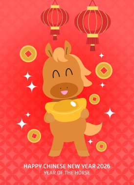 İçinde altın sikkeler ve sycee ingot olan şirin bir Zodiac at tebrik kartı. Atın yeni yılı kutlu olsun 2026..