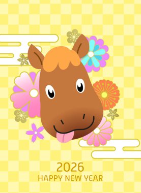 Komik at suratlı cny 2026 kartı. Bahar çiçekleri desenli şirin bir at. Atın yeni yılı 2026 tebrik kartı..