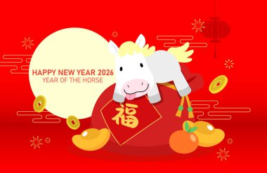 At 2026 karikatür vektör illüstrasyonunun yeni yılı kutlu olsun. Para çantasının üzerinde altın sikkeler ve süslemeler olan şirin bir çizgi film atı süslemeleri süslüyor..