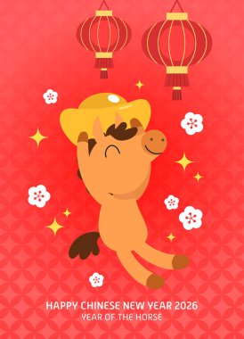 Zodiac çizgi filmindeki at, elinde tutuyordu. 2026 yılının Çin Yeni Yılı. Zodyak atı, Çin feneri süslemeleri ve erik çiçekleri olan arka plan vektörü..