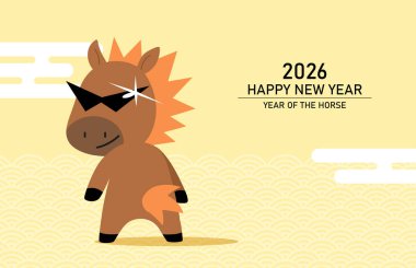 Atın Çince yeni yılı için komik bir karikatür tebrik kartı ya da yeni yıl 2026 'da ay ışığı. Uğurlu bulutlar desenli şirin bir çizgi film atı..