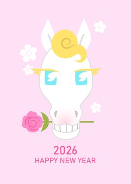 Komik Çin Yeni Yıl tebrik kartı. Yeni yılın kutlu olsun at 2026 kutlama vektörü illüstrasyonu. Çiçek arkaplanlı komik gülen at.