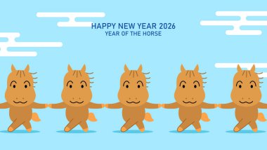 Bulutların arkasında sevimli bir zodyak grubu. Ayın yeni yılı at 2026 karikatür tebrik kartı illüstrasyonu.