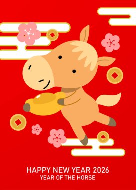 Uğurlu sikkeleri olan altın bir sicee tutan tatlı bir zodyak atı. Atın Çince yeni yılı 2026 vektör tebrik kartı.