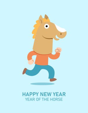 2026 yılının Çin yeni yılı için komik bir karikatür tebrik kartı. At kostümü giyen adam. 2026 yılının düz tasarım kart şablonu. Koşan zodyak atı.