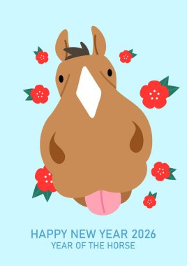 At 2026 'nın Çin yeni yılı tebrik kartı illüstrasyonu. Dilini çıkarmış şirin bir çizgi film atı..