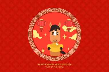 Atın 2026 yılının Çin yılbaşı kutlamaları kutlu olsun. Ay Yeni Yılı 2026 afiş taşıyıcı illüstrasyonunda elinde altın bir sicee tutuyordu. Kırmızı kağıt fener süslemeleri.