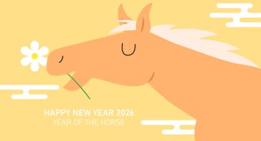 Ağzında çiçek tutan şirin bir at. Atın yeni yılı kutlu olsun 2026 vektör tebrik kartı illüstrasyonu.