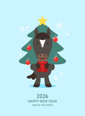 Kış dekorasyonu geçmişi olan şirin bir zodyak atı. Yeni yılın kutlu olsun 2026, ya da Çin 'in yeni yılı at vektör kartı.. 