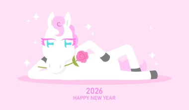 Komik antropomorfik zodyak atı. Atın Çin 'de yeni yılı, ya da ay' da yeni yıl 2026 tebrik kartı illüstrasyonu. Güzel at yeni yıl kartı..