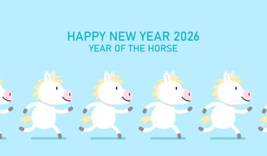 Zodiac atları vektör çizimi. Bir grup at koşuyor. Atın yeni yılı kutlu olsun 2026..