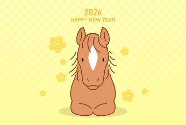 Çiçek desenli şirin bir at. Yeni yılın kutlu olsun at 2026 tebrik kartı vektörü.. 