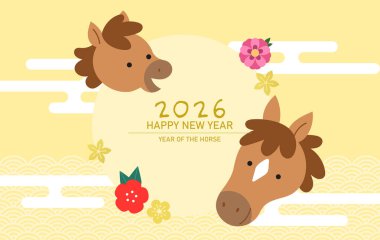 Tatlı çizgi film burcu atları tebrik kartı. Atlar çiçek arkaplan şablonunda vektör illüstrasyonuna başkanlık ederler. Atın yeni yılı kutlu olsun 2026 tebrik kartı şablonu.