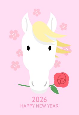 Yeni yıl 2026 Zodyak at kafası. Çin Yeni Yılı için komik bir karikatür tebrik kartı ya da 2026 Yeni Yılı..