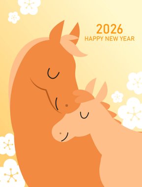 Atın 2026 yılındaki tebrik kartı anne ve babasıyla birlikte. Mare ve tay vektör çizimi.