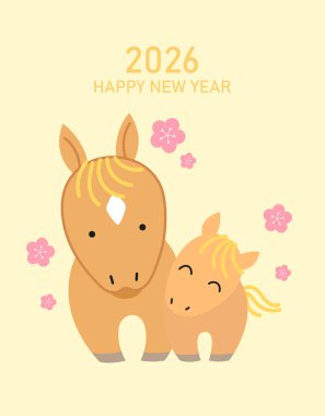 Atın Çin Yeni Yılı için tatlı kısrak ve tay karikatürü çizimi. Atın yeni yılı kutlu olsun. Anne ve bebek atlarla 2026 tebrik kartı..