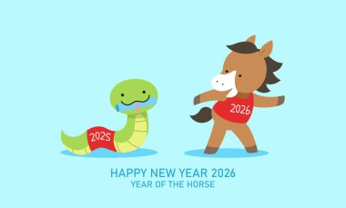 Zodiac hayvanları ırk vektör çizimi yapar. 2026 yılındaki at kutlamasında Zodiac yılanı ve zodyak atı. Atın yeni yılı 2026 tebrik kartı veya bayrak vektörü.