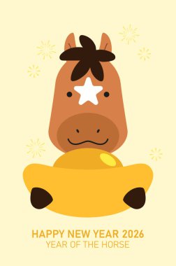 Elinde altın bir sicee tutan tatlı bir zodyak atı. Yeni yılın kutlu olsun at 2026 vektör kartı. Çin Yeni Yılı için şans parası.