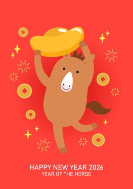 Zodiac atı altın sicee tutuyordu. Arka planda uğurlu sikkeler vardı. Atın Çince yeni yılı 2026 tebrik kartı illüstrasyonu.