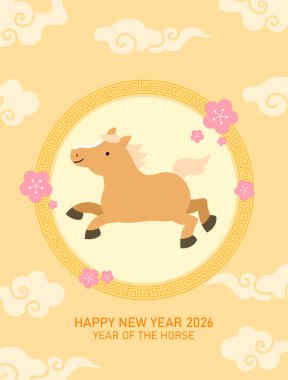 Çiçekleri ve uğurlu bulutları olan şirin bir zodyak atı. At Yılı 2026 vektör tebrik kartı illüstrasyonu.