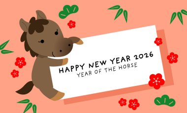 Tabela şablonlu Zodiac atı. Ay yeni yılı 2026 tebrik kartı vektörü.