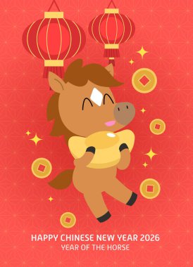 Kırmızı fenerlerin arka planında sicee ingot olan Zodiac atı. Çin kırmızı zarf vektör illüstrasyonu. Yeni yılın kutlu olsun 2026 tebrik kartı vektörü ve şans parası..