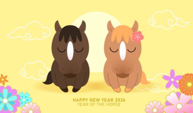 Zodiac atları yeni yıl kart şablonlarını eşleştirir. 2026 yılının Çin yeni yılı çiçek arkaplanlı tebrik kartı. Bir çift at vektör illüstrasyonunu selamlıyor.