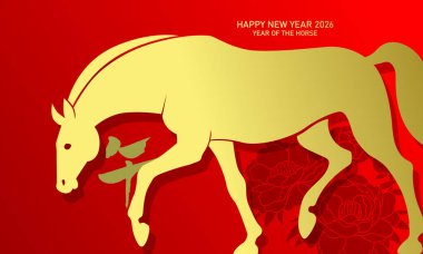 2026 altın ve kırmızı arka planda Çin Yeni Yılı. Çiçekli arka planda altın zodyak at silueti.