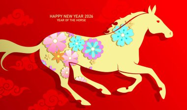 Bahar çiçekleri desenli güzel bir zodyak atı. Çin yeni yılı 2026 vektör pankartı. Doğu bulutları üzerinde koşan at silueti.