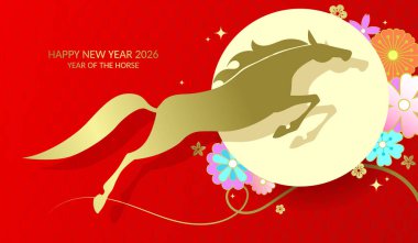 Güzel attan atlama cny tebrik kartı. 2026 yılının Çin Yeni Yılı kağıt kesim tarzı arka plan.