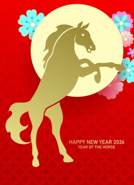 Kırmızı arkaplanda 2026 altın rengi siluet Çin Yeni Yılı. Çiçek desenli altın zodyak at şekli.