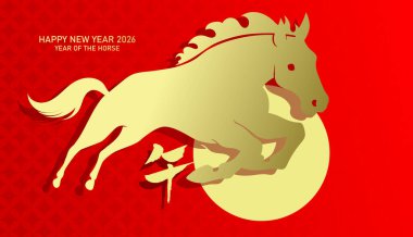 Dinamik zodyak at siluet vektör arka planı. 2026 yılının Çin Yeni Yılı ya da 2026 yılının yeni ayı için kağıt kesim tarzı tebrik kartı..