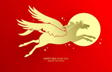 Uçan at Pegasus 2026 tebrik kartı. 2026 yılının Çin Yeni Yılı. Kanatlı altın atlı vektör arka planı..