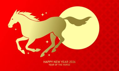 At yarışı silueti yeni yıl kartı. 2026 yılının Çin Yeni Yılı afişi.