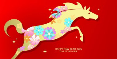 Bahar çiçekleri desenli zıplayan at silueti. 2026 yılının Çin Yeni Yılı..