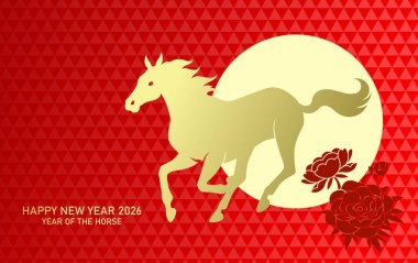 Zodiac beygir silueti tebrik kartı geçmişini araştırıyorum. 2026 yılının Çin Yeni Yılı Altın ve kırmızı arka plan.